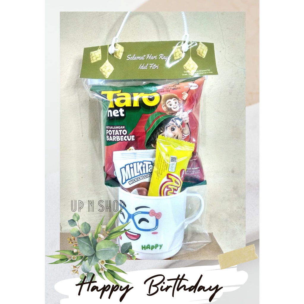 PAKET SNACK IDUL FITRI/ULTAH MURAH SOUVENIR GELAS MINUM+TUTUP+FREE DESIGN LABEL