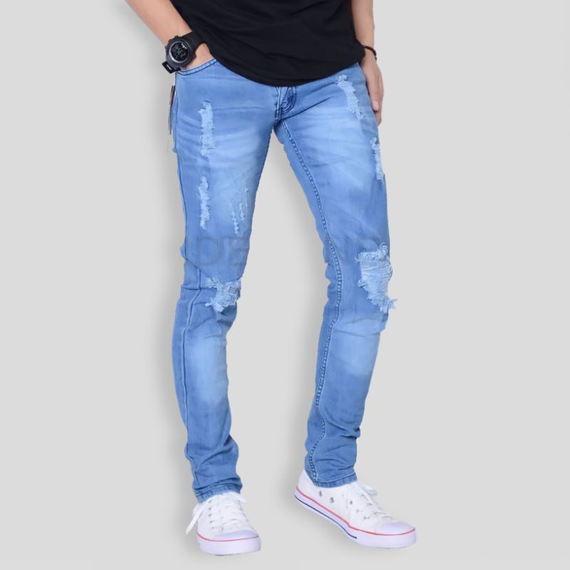 Celana Jeans Pria Sobek Termurah Premium Quality Dewasa Import Kekinian Melar Motif Ripped Terbaru Slimfit Original Denim Korea Biru Dongker Elastis Tebal Murah Keren Robek Stretch erigo