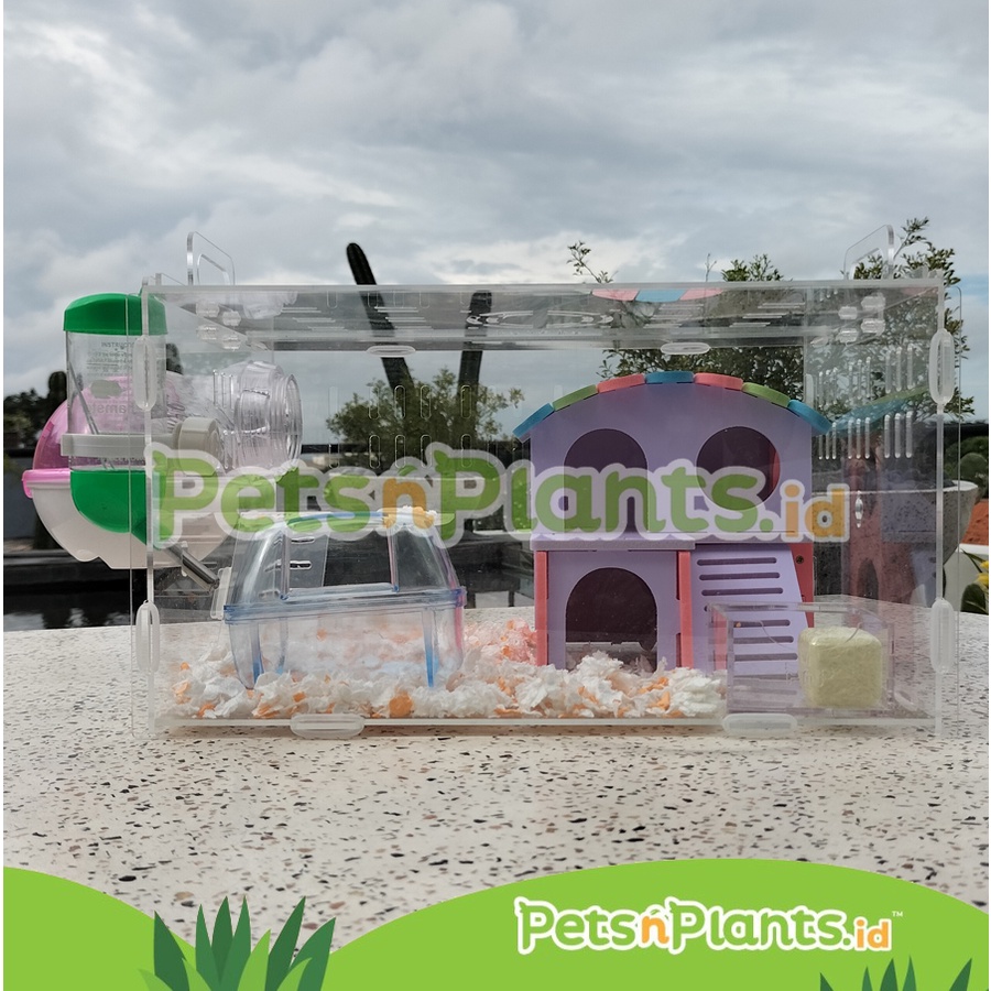 Kandang Hamster Akrilik Acrylic Cage Crystal Clear Import Lengkap 35 x 25 x 25 cm