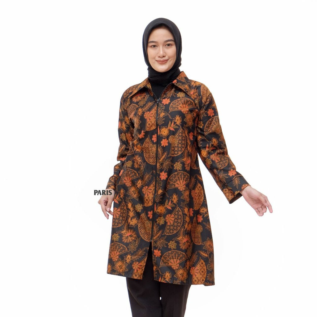 Baju Batik Wanita Zipper Jumbo Kekinian Lengan Panjang Tunik Batik Terbaru Katun Primis Unggul Jaya