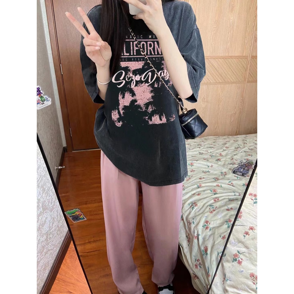 [100%  Katun]Vintage Kaos Lengan Pendek Cream Atasan Wanita Oversize Printed T-shirt Kekinian Korean Style/kaos abstrak wanita