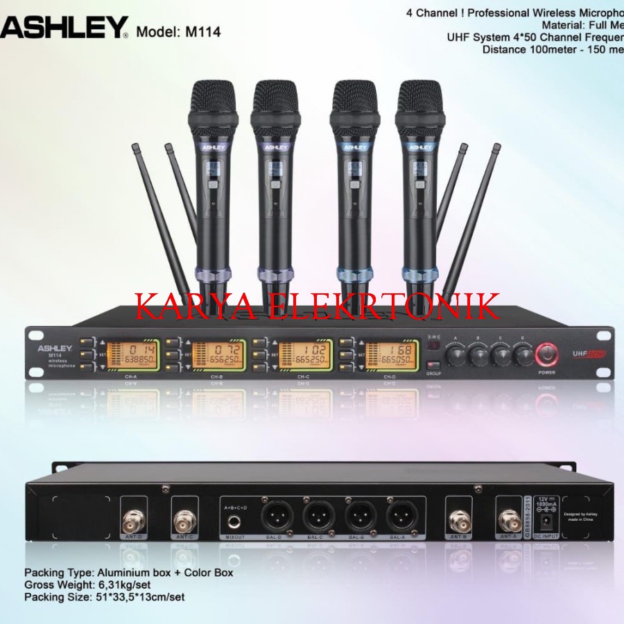 MICROPHONE WIRELESS ASHLEY M114 ASHLEY  M 114 UHF MULTI CHANNEL ISI 4 PP GARANSI RESMI