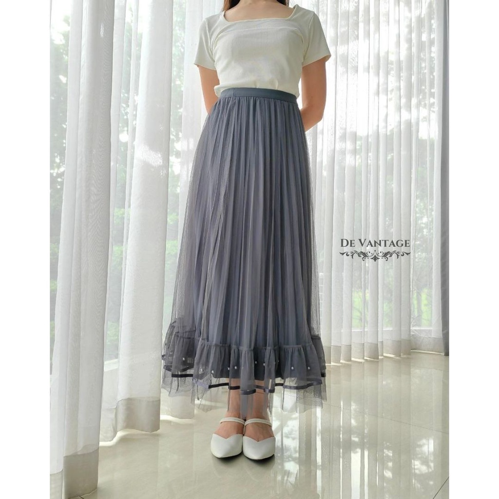 Rok Tutu Bolak Balik dengan List Mutiara / Rok Tile Bludru Panjang / Reversible Tulle Velvet Skirt