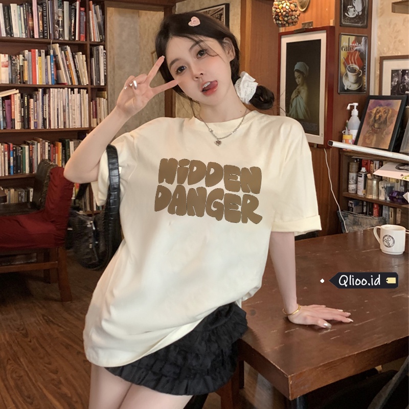 Print T-shirt Kaos Lengan Pendek Cartoon Brown Bear English Alphabet Baju Wanita Oversize Korean Style