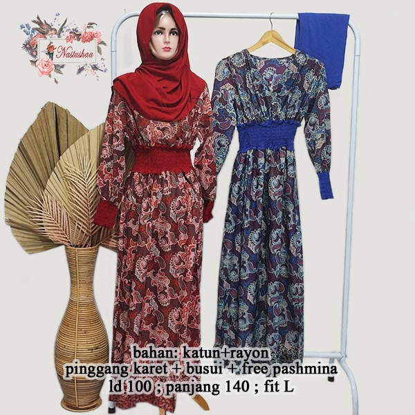 Gamis Batik Wanita Bahan Katun Halus Kombinasi Rayon Set Dress Motif Batik+Pashmina Full Karet Pinggang Keliling Rempel Gamis Batik Muslimah Maxy Dress Muslimah Fit L