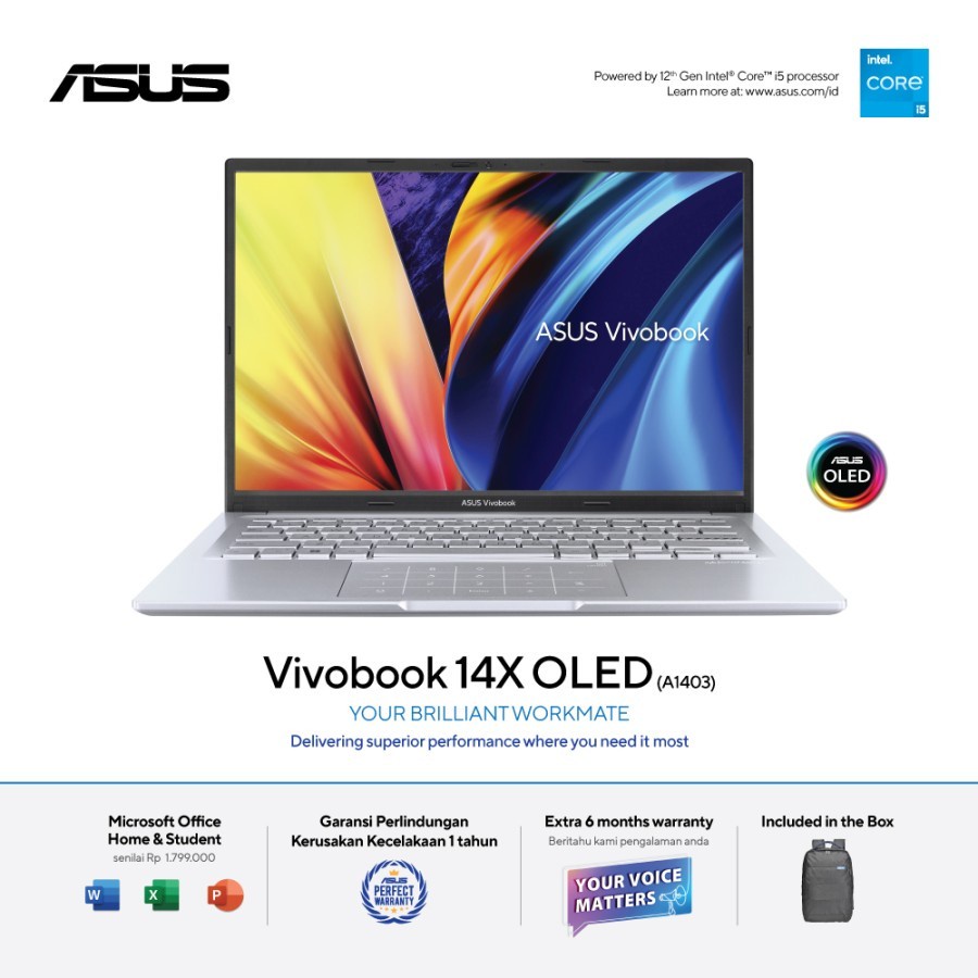 Laptop Kerja Asus A1403ZA OLEDS552 Core i5 RAM 8GB SSD 512GB 14"2.8kOLED