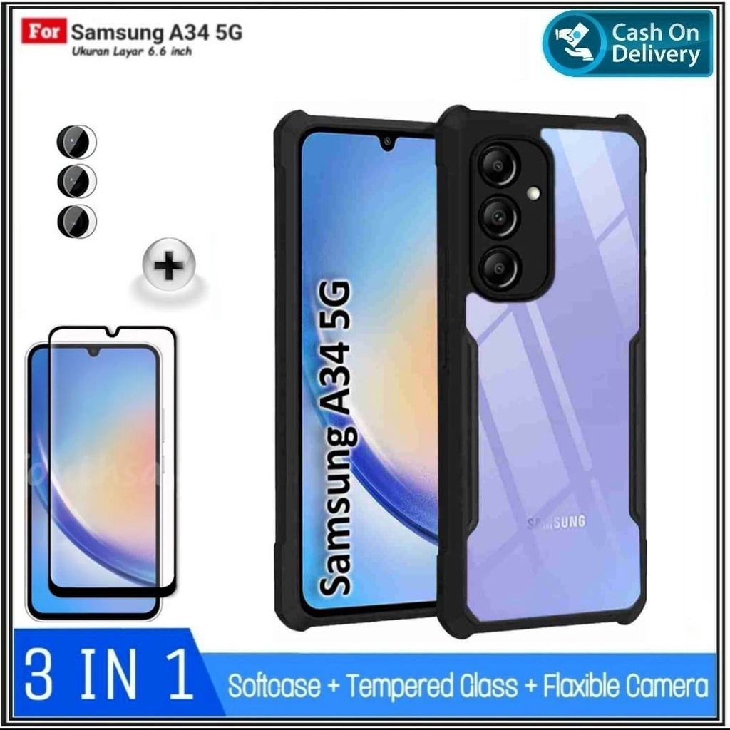 Paket 3IN1 Case Samsung A34 5G, A54 5G Hard Casing Cover + Tempered Glass Full Cover + Camera