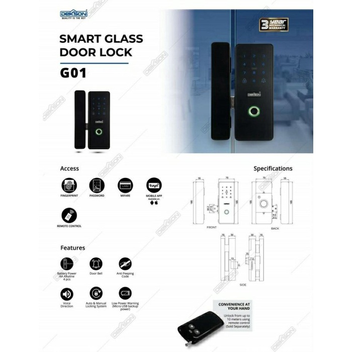 Terlaris Smart Glass Door Lock Dekkson G01 Black