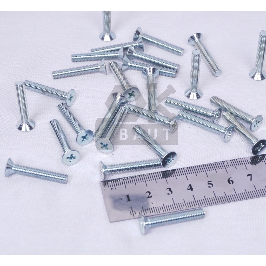 20 pc MACHINE SCREW JF 5x30 PUTIH Kepala Flat Baut Obeng Verseng M5x30 besi putih