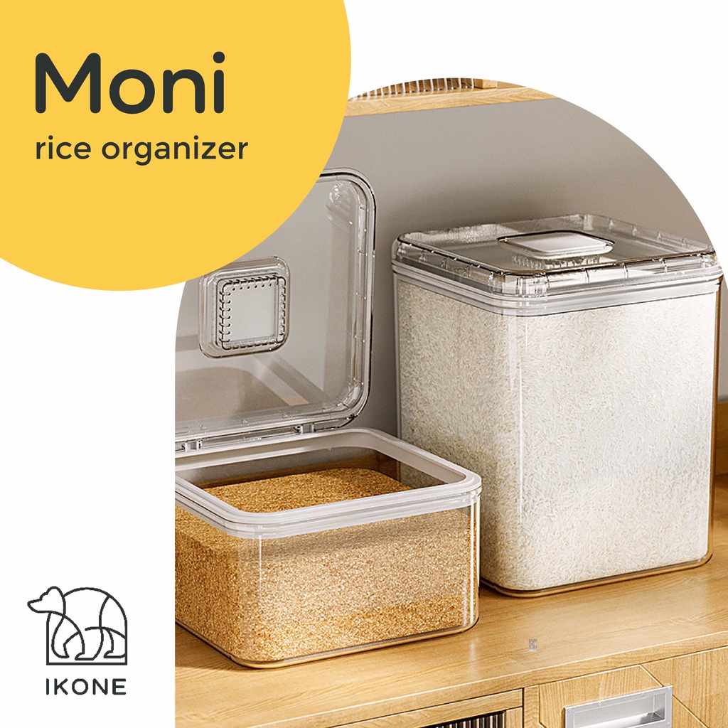 【IKONE】MONI Rice Organizer Kotak Penyimpanan Beras Storage Box Serbaguna Penyimpanan Beras Anti Kutu Kontainer Makanan Serbaguna Kotak Wadah Dispenser Tempat Beras Transparan