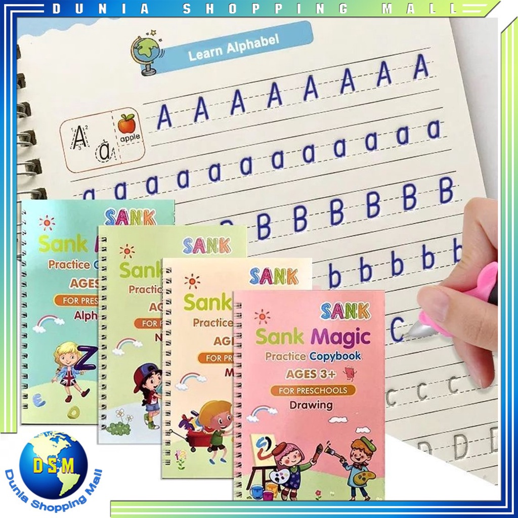 DSM Sank Magic Practice Copy Book 4 in 1 Umur 3 Tahun Keatas Buku Edukasi Panduan Belajar Menulis Anak TK Buku Belajar Bahasa Inggris Buku Gambar Anak Arabic Hijriyah 1 Set Isi 4 Buku + Refill For Preschools