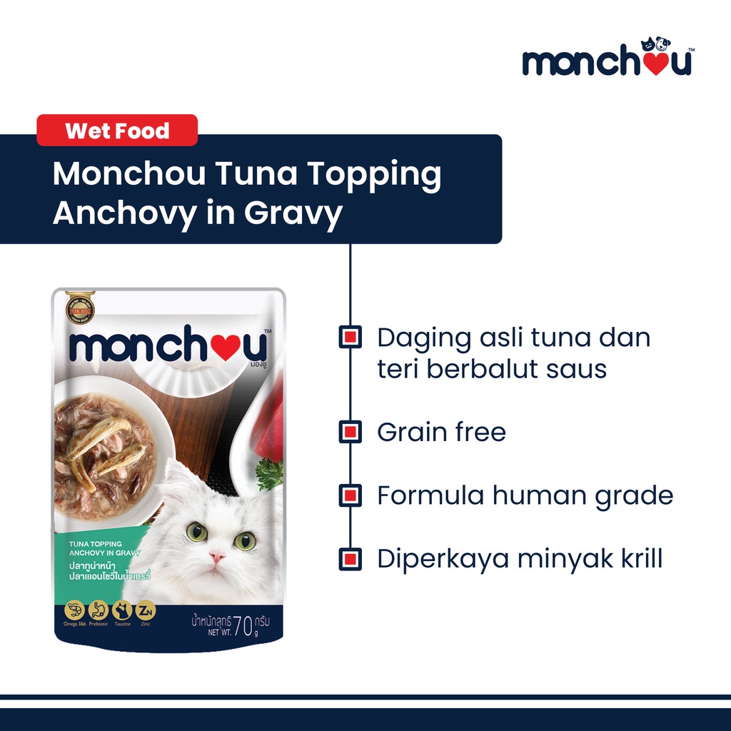 Monchou Makanan Kucing Human Grade Tuna &amp; Anchovy in Gravy 70gr