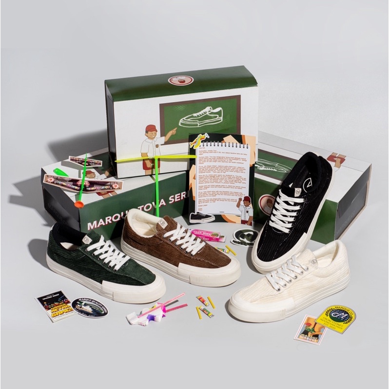 MARQUE.CO ‘Tova’ DARK GREEN Corduroy vol 3.0 - Sepatu Pria &amp; Wanita dengan Konsep Jadul Nostalgia 1990an! Bonus Mainan Jadul, dan Insole Super Empuk! Packaging Sneakers Paling Unik!