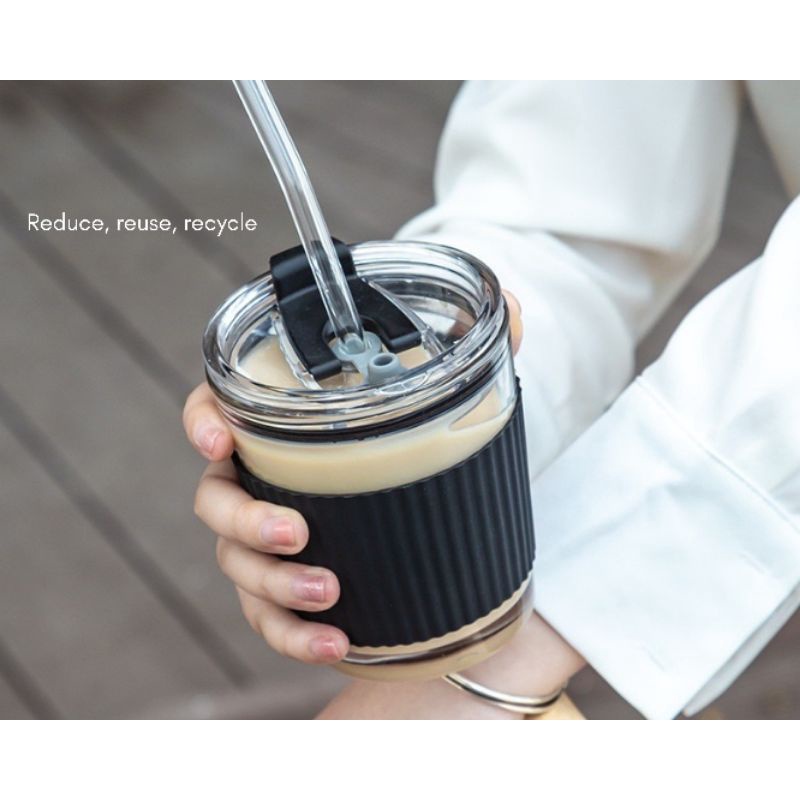 (Termurah!) Gelas Kopi Tumbler Korea Cup Reusable Glass Botol Minum Teh Kopi Anti Panas Dengan Sedotan