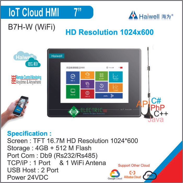 B7H-W Haiwell, Iot Cloud Hmi 7 Inch + Wifi Hd Resolution 1024X600