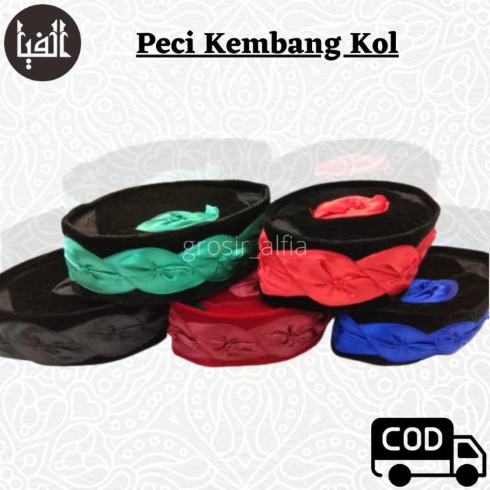 Peci Kembang Kol Peci Betawi Peci Silat Songkok Kopiah - Hitam - Merah, 6 (A1A1) Motif Souvenir Umra