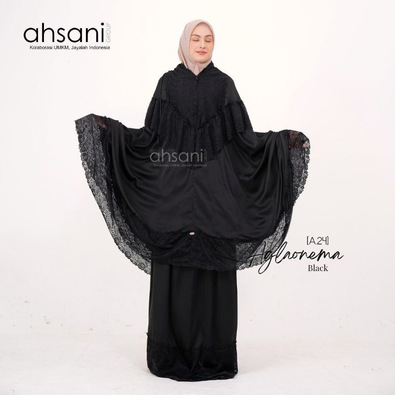Mukena Ahsani A24 Aglonema Hitam Silk Armani Polos Renda Mewah Resleting Dagu Halus Lembut Ringan