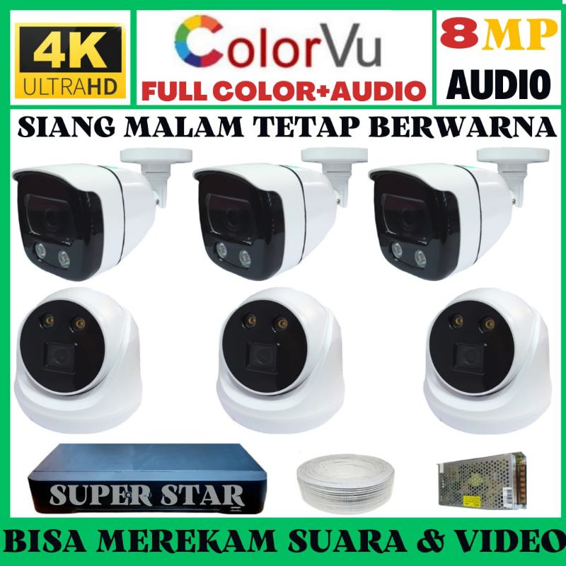 PAKET CCTV COLORVU 8 CHANNEL 6 KAMERA 8MP 4K ULTRA HD 2560P+AUDIO