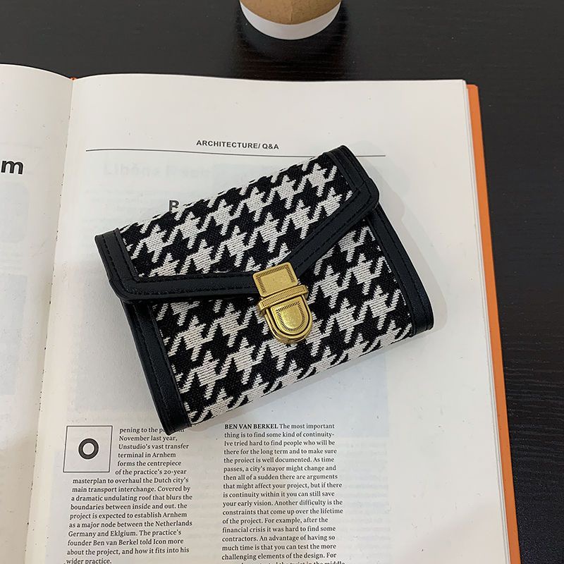 Sera Kecil Dompet Pendek Wanita Dompet Koin Niche Desain 2021 Baru Serbaguna Retro Houndstooth Warna Kontras Lipat Pemegang Kartu