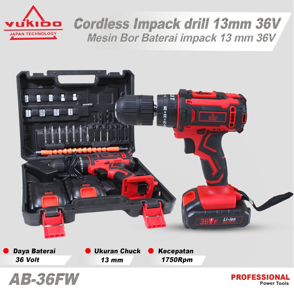 BIGE SALE YUKIDO 36V 12V MESIN BOR CAS 10 MM CORDLESS DRILL 2 BATERAI /JLD BOR 12V ONLY