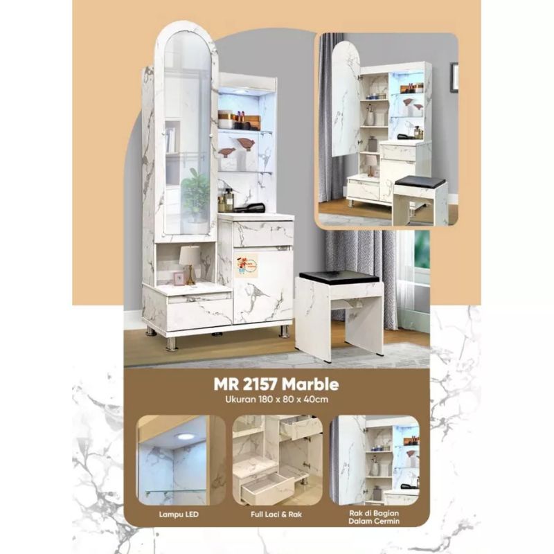 Meja Rias Motif Marmer Tinggi 180cm - Kaca Rias Lampu Led Banyak Penyimpanan - Medan