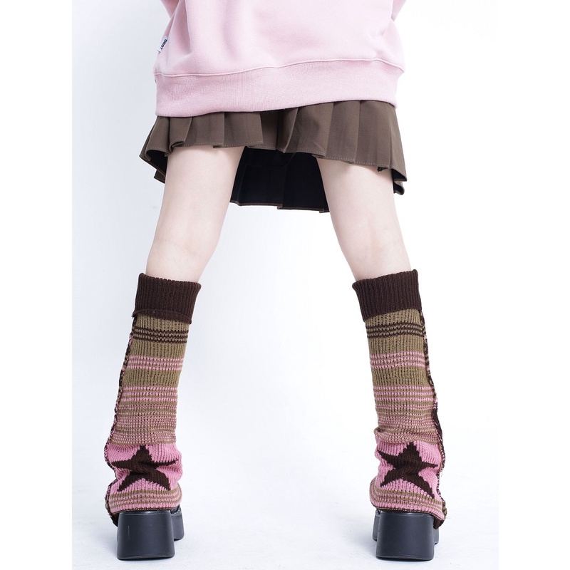 Kaus kaki rajutan penutup kaus kaki bergaris jk Jepang kaus kaki bergaris-garis betis wanita penutup