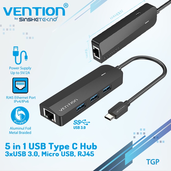 Terlaris (NEW) VENTION USB Type C to LAN with Micro USB Power Supply - USB 3.0 + LAN, HUB + LAN