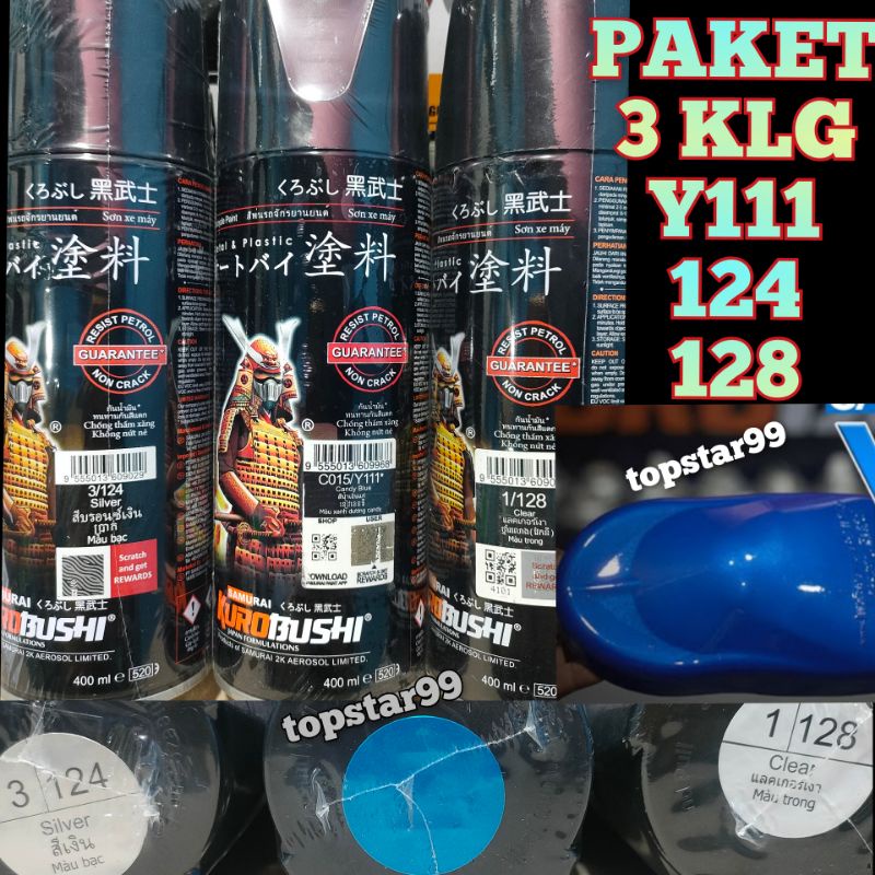 Samurai Paint Paket 3 Kaleng Pilok Pilox Cat Semprot Samurai Paketan Lengkap Buru Candi Candy Blue Y111 111 Silver 124 Clear Pernis Glossy 128 400ml