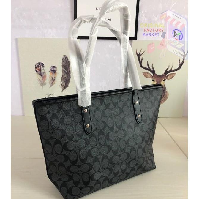 TAS COACH F58292 Tote Bag City Zip Signature Black Grey ORIGINAL COACH