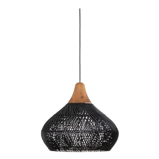 Kap Lampu Gantung Rotan Cat Hitam Toping Kayu
