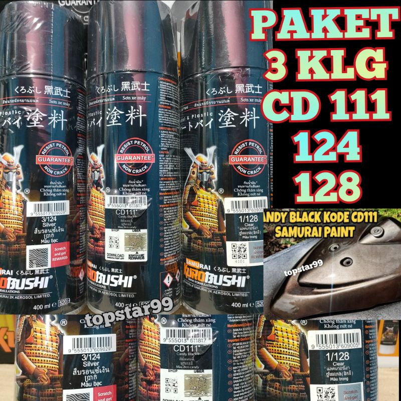 Samurai Paint Paket 3 Kaleng Pilok Pilox Cat Semprot Samurai Paketan Lengkap Hitam Candi Candy Black CD111 111 Silver 9124 Clear Pernis Glossy 128 400ml