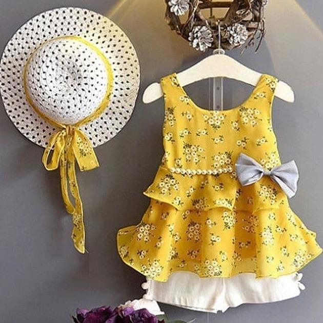 Setelan Ruffle Bayi Cewek Dan Topi Pantai / Setelan Buntung Anak Bayi