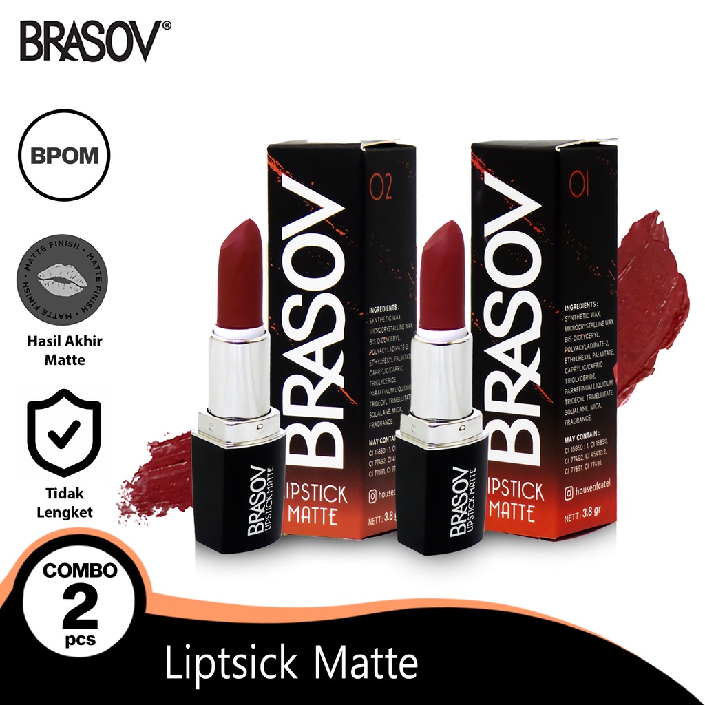 BRASOV Lipstick Matte Shade Paket Hemat Combo 2 Pcs BPOM Lipstik Pigmented Perona Bibir Cmb02-Xx-Ct