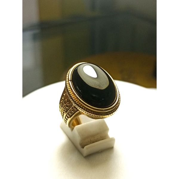 Batu Akik Kecubung tanduk hitam pekat Ring titaniun