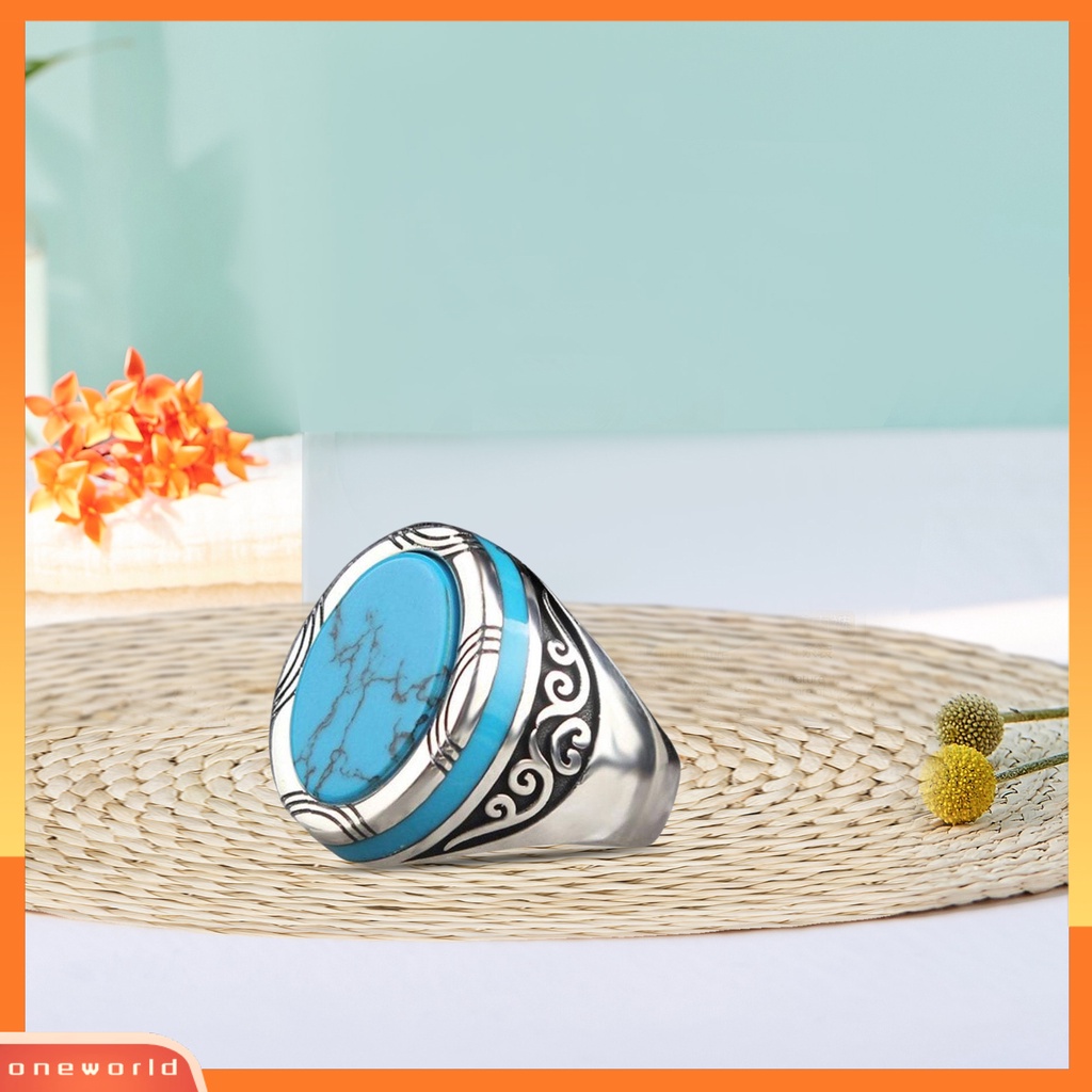 Perhiasan Cincin Pria Model Lebar Motif Ukir Hias Turquoise Imitasi Gaya Punk Retro