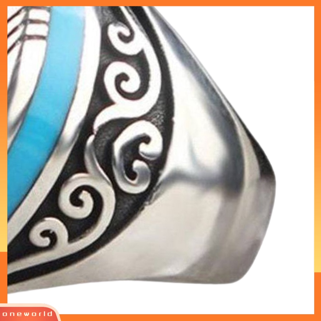 Perhiasan Cincin Pria Model Lebar Motif Ukir Hias Turquoise Imitasi Gaya Punk Retro