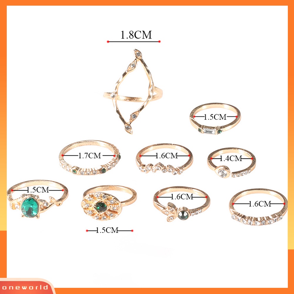 {oneworld} 9pcs/set Lady Hollow Belah Ketupat Oval Berlian Imitasi Pembukaan Susun Buku Jari Midi Ring