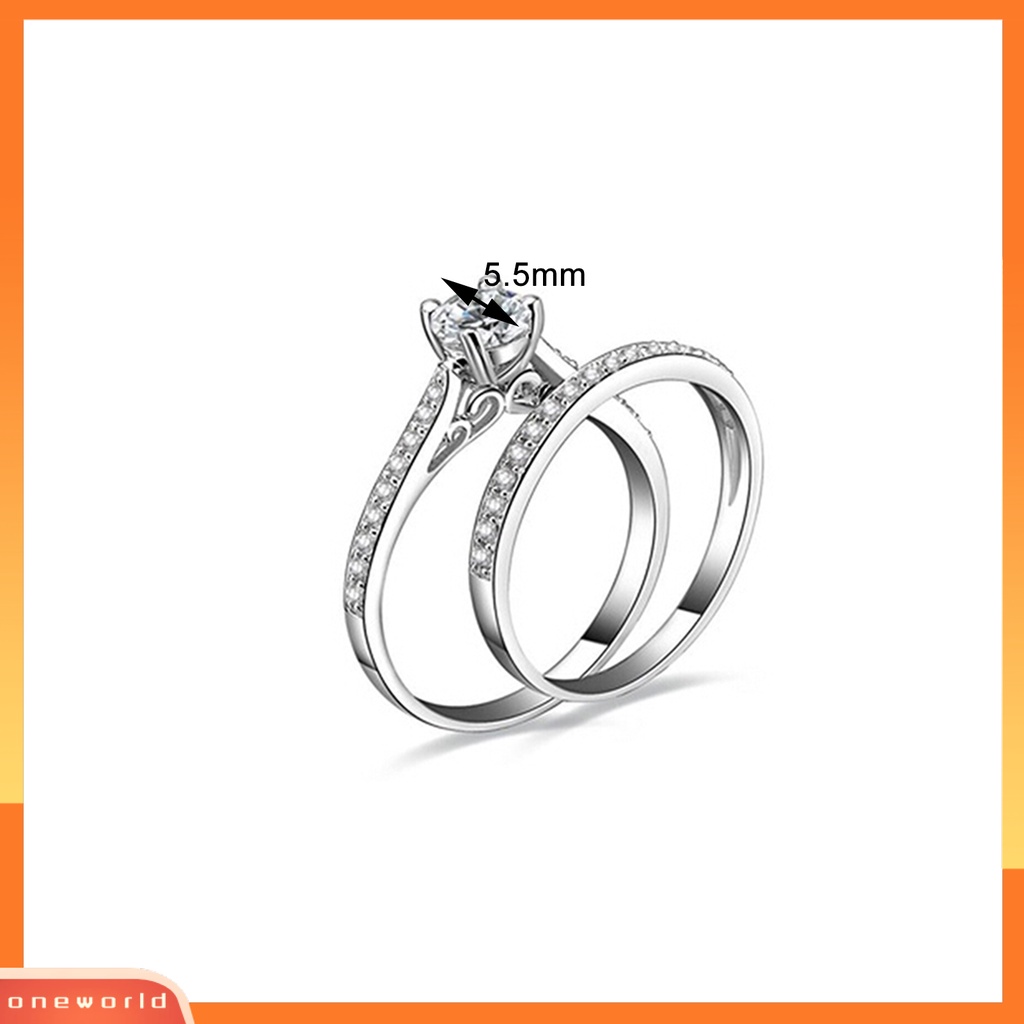 {oneworld} 2pcs/set Cincin Shiny Cubic Zirconia Plated Silver Cincin Jari Pasangan Romantis Untuk Pernikahan