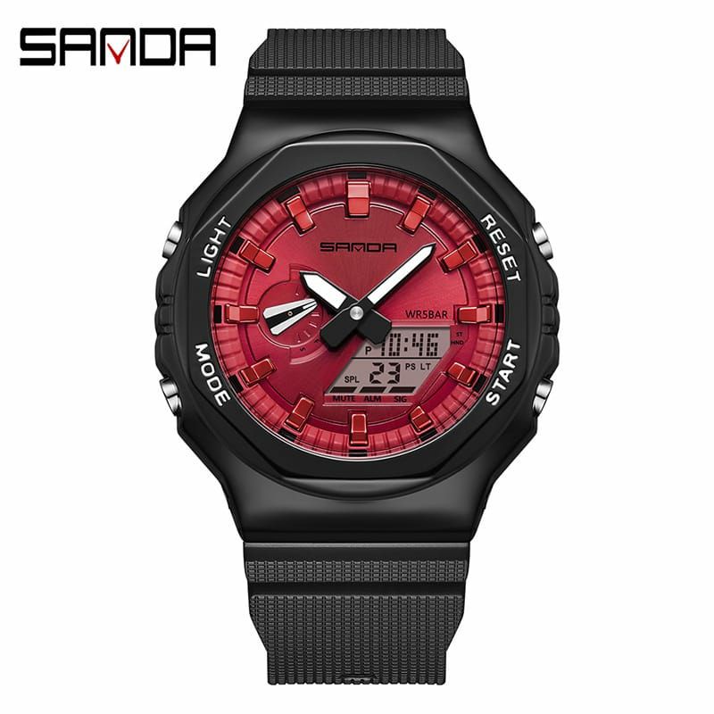 New Limited Jam Tangan Sanda 2100 Terlaris Dualtime Waterproof Display Men Watch Kasual