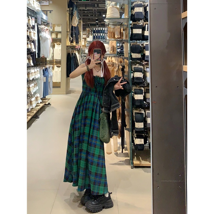 Red Gaun selempang kotak-kotak hijau wanita musim panas Perancis high-end liburan rok panjang rasa desain rok A-line ceruk