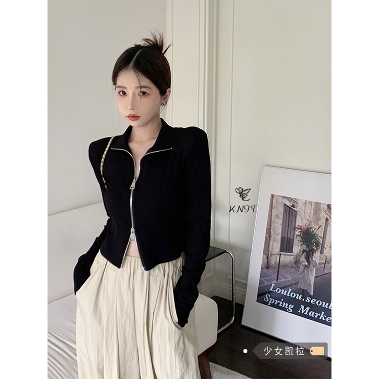 Red Hitam Ritsleting Ganda Rajutan Cardigan Jaket Wanita Musim Panas Pendek Lengan Panjang Kemeja Gadis Seksi Depan Bahu Ketat top