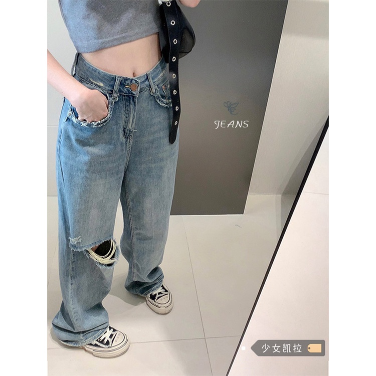 Red Celana jeans robek longgar wanita musim panas baru retro lurus slim celana lebar kaki celana panjang high street pasang