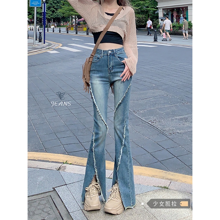 Red Slit flared jeans wanita musim semi dan musim gugur 2023 baru desain tipis pinggang tinggi hot girl celana ketat musim panas