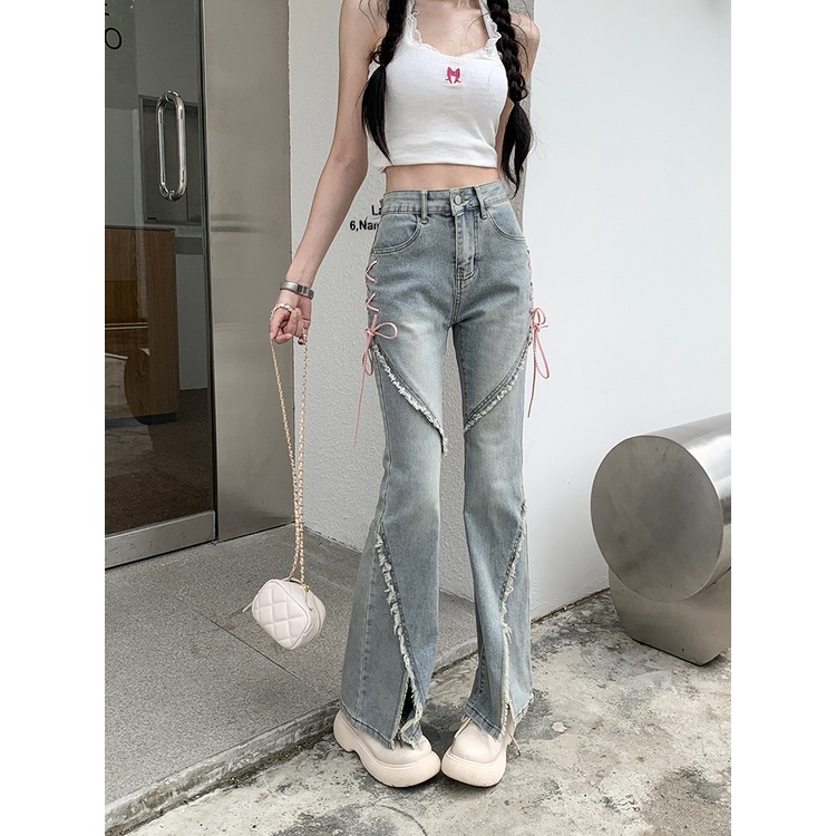 Red Gaya Amerika celah micro flared jeans wanita musim panas baru bertali pinggang tinggi hot girl slim straight design celana panjang