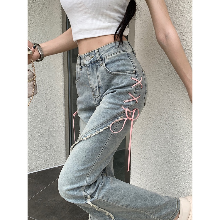 Red Gaya Amerika celah micro flared jeans wanita musim panas baru bertali pinggang tinggi hot girl slim straight design celana panjang