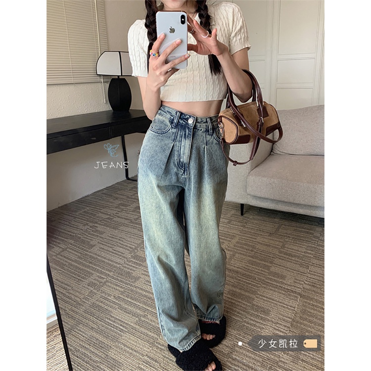 Red American Retro High Waist Jeans Wanita Musim Panas 2023 Baru Longgar Slim Lurus Lebar Kaki Celana Mengepel Celana