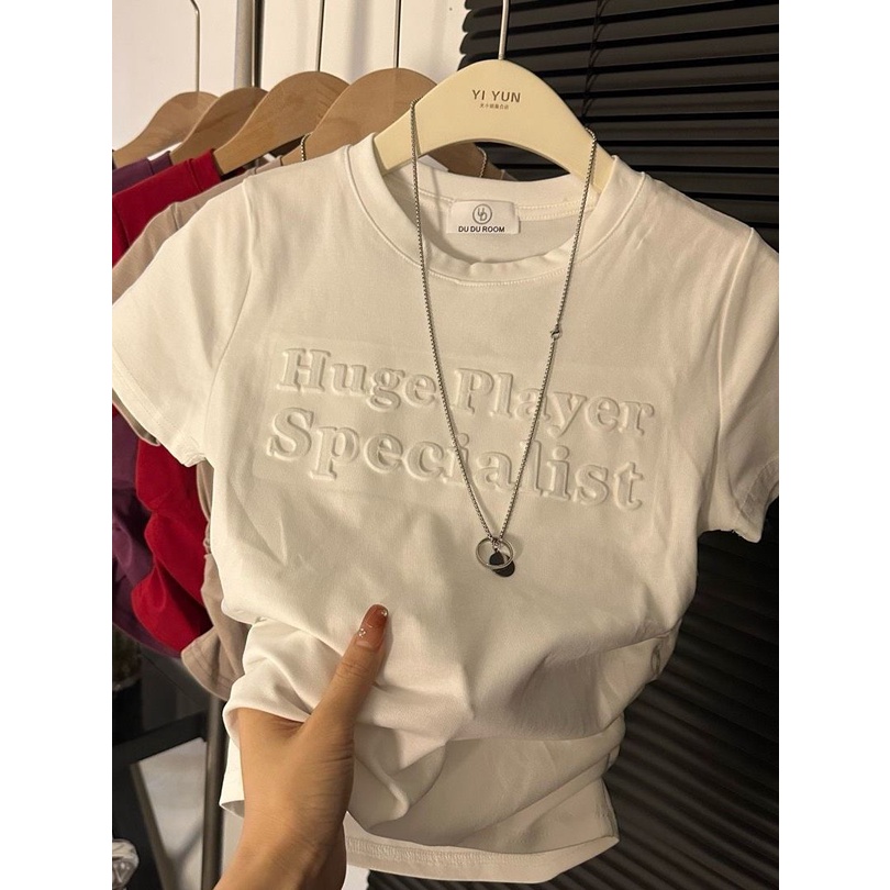 Red Keinginan murni angin tiga dimensi huruf bahu depan t-shirt wanita musim panas versi Korea tinggi pinggang pendek kemeja hot girl slim lengan pendek top