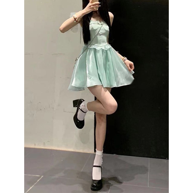 Red "Tsubaki Yingying" Sweet Mori Ties Ruffled Sling Dress + Kardigan Set Dua Potong 2023 Baru