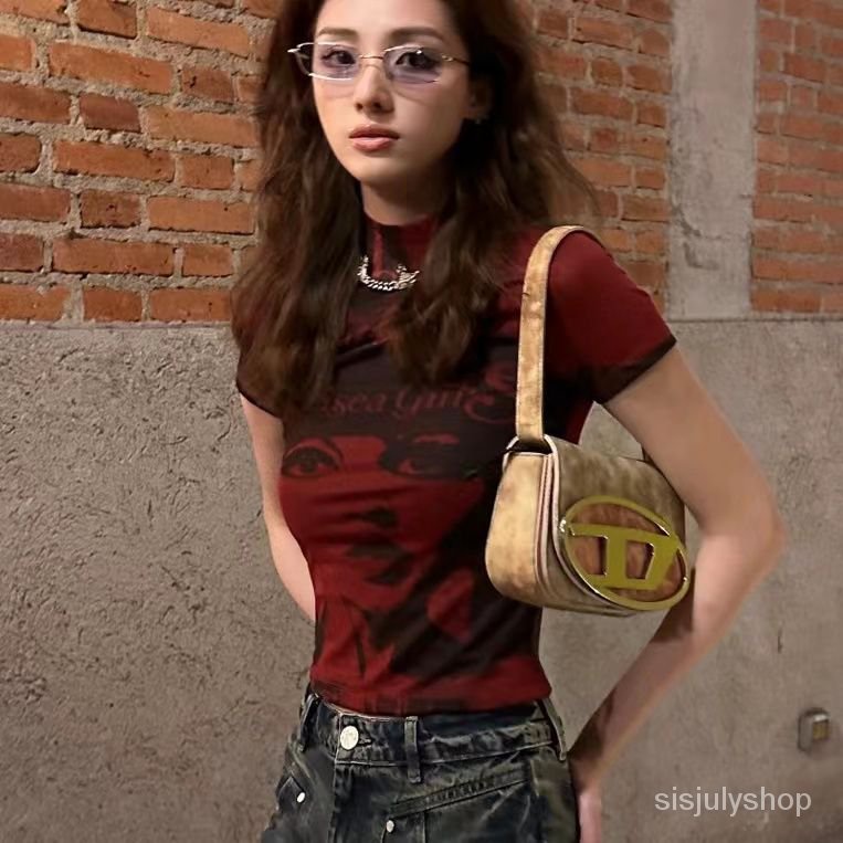 [✅BISA COD] #Sisjuly# Kaos oblong lengan pendek Y2k wanita / kaos oblong ramping merah retro / kaos