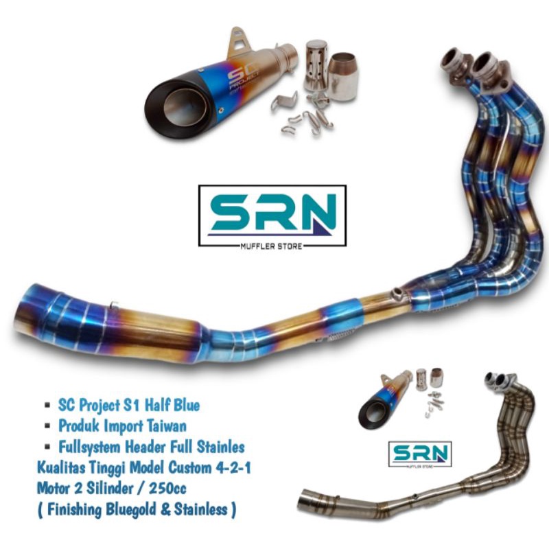 KNALPOT SC PROJECT S1 HALFBLUE IMPORT HEADER CUSTOM 4 SILINDER 2-4-1 NINJA 250FI KARBU NEW Z250 R25 